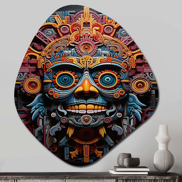 Teal Orange Mexico Vibrant Aztec Mask - Asymmetric Metal Wall Art